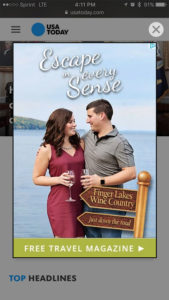 Finger Lakes Wine Country full screen takeover ad
