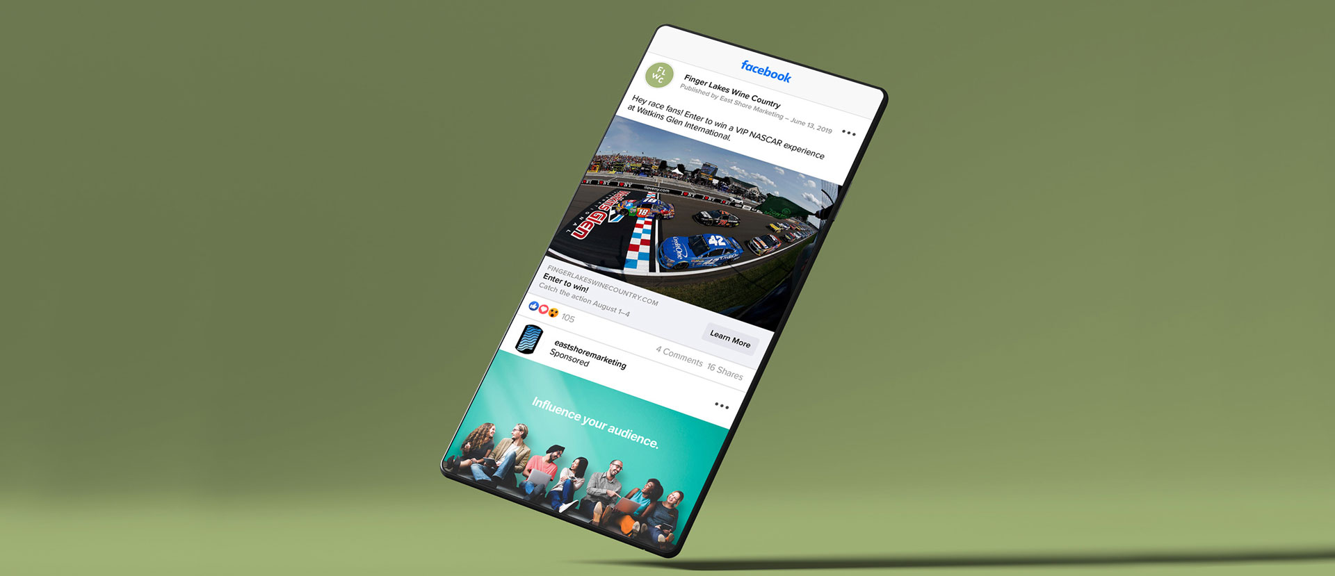 Mobile phone mockup of Finger Lakes Wine Country instagram ad for VIP NASCAR experience at Watkins Glen International.