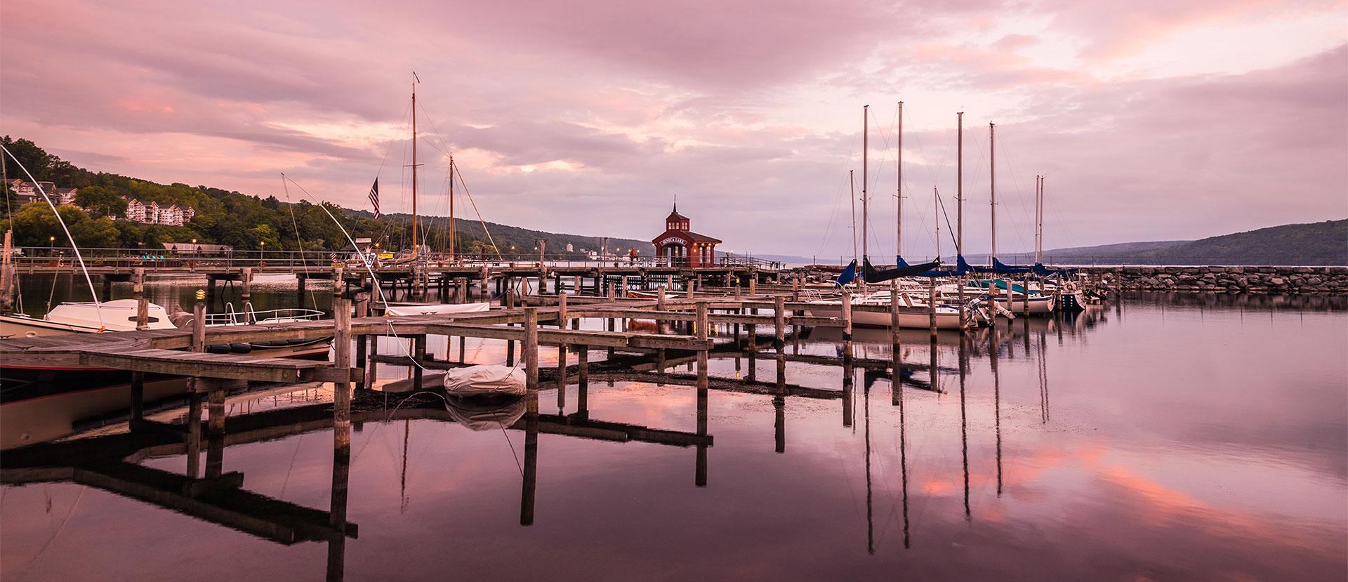 Sunset at Seneca Lake boating docks of Finger Lakes Wine Country.