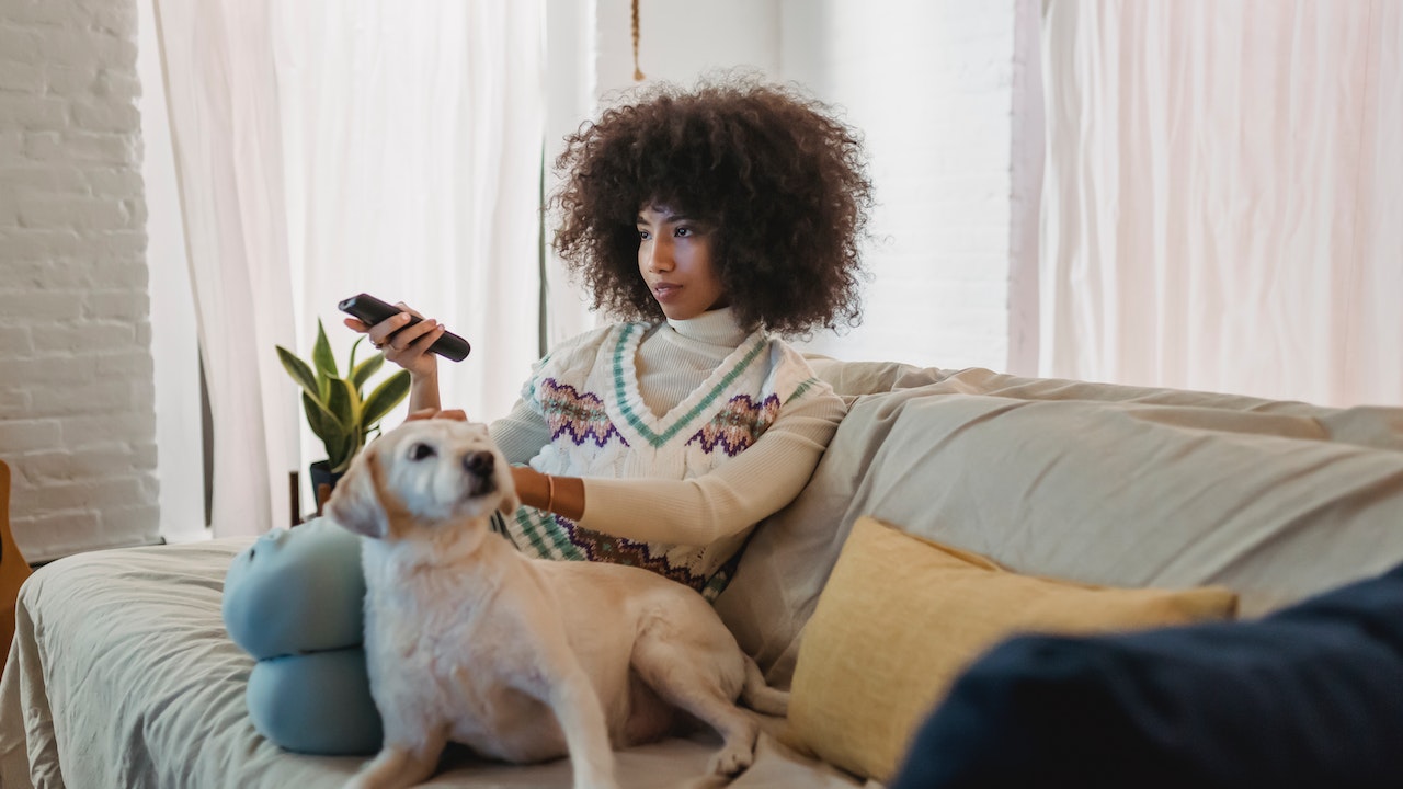 Young woman watching OTT TV advertising in living room with dog.